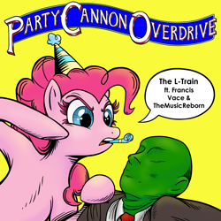 Size: 4000x4000 | Tagged: safe, artist:aliwoodruff, derpibooru import, pinkie pie, oc, oc:anon, earth pony, human, pony, absurd resolution, duo, female, hat, mare, parody, party hat, party horn, punch, simple background, song cover, speech bubble, yellow background