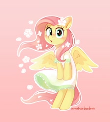 Size: 1843x2048 | Tagged: safe, artist:anotherdeadrat, derpibooru import, fluttershy, pegasus, pony, :o, bipedal, blushing, clothes, cute, dress, female, flower, flower in hair, flower on ear, gradient background, looking at you, mare, open mouth, outline, partially open wings, shyabetes, skirt blow, solo, sundress, white outline, windswept mane, wings