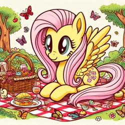 Size: 1024x1024 | Tagged: safe, ai content, derpibooru import, generator:bing image creator, machine learning generated, fluttershy, butterfly, pegasus, pony, basket, female, food, mare, picnic, picnic basket, picnic blanket, sandwich, solo