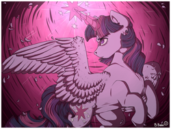 Size: 1280x960 | Tagged: safe, artist:binibean, derpibooru import, twilight sparkle, twilight sparkle (alicorn), alicorn, pony, female, head turn, looking up, mare, rearing, signature, solo, spread wings, wings