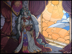 Size: 1280x960 | Tagged: safe, artist:binibean, derpibooru import, princess celestia, human, canterlot castle, clothes, dress, humanized, looking at you, signature, solo, stained glass, winged humanization, wings