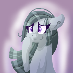 Size: 700x700 | Tagged: safe, artist:lindasaurie, derpibooru exclusive, derpibooru import, marble pie, earth pony, pony, eye clipping through hair, female, lineless, mare, one ear down, raised hoof, raised leg, smiling, solo