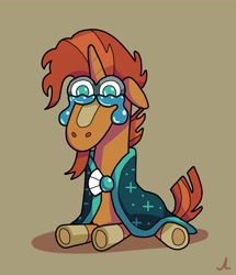 Size: 3300x3829 | Tagged: safe, artist:docwario, derpibooru import, sunburst, pony, unicorn, brown background, crying, ears, floppy ears, male, ponytober, simple background, solo, stallion