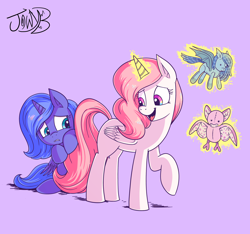 Size: 2986x2791 | Tagged: safe, artist:jowyb, derpibooru import, princess celestia, princess luna, alicorn, pony, cewestia, cute, cutelestia, duo, female, filly, foal, lunabetes, mare, plushie, purple background, royal sisters, siblings, simple background, sisters, toy, woona, younger