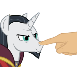 Size: 644x563 | Tagged: safe, artist:decokenite, derpibooru import, edit, chancellor neighsay, unicorn, angry, beard, boop, chancellor neighsay is not amused, clothes, facial hair, glare, goatee, hand, male, robe, simple background, stallion, unamused, white background