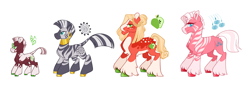 Size: 1280x469 | Tagged: safe, artist:vio-dacreator, artist:vio-mlp-creator, derpibooru import, big macintosh, zecora, oc, oc:freezia apple, oc:punnet square, earth pony, hybrid, pony, zebra, zony, alternate design, alternate hairstyle, coat markings, colt, family, female, foal, interspecies offspring, macora, male, mare, offspring, pale belly, parent:big macintosh, parent:zecora, parents:macora, shipping, simple background, socks (coat marking), stallion, straight, white background