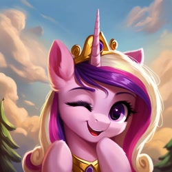 Size: 768x768 | Tagged: safe, ai content, derpibooru import, machine learning generated, princess cadance, alicorn, pony, cloud, ear fluff, ears, jewelry, looking at you, one eye closed, regalia, sky, solo, tree, wink, winking at you