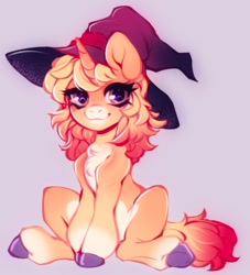 Size: 1860x2048 | Tagged: safe, artist:cabbage-arts, derpibooru import, oc, oc only, pony, unicorn, chest fluff, hat, looking at you, sitting, smiling, solo, underhoof, witch hat