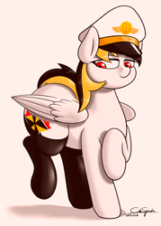 Size: 2000x2800 | Tagged: safe, artist:cdrspark, derpibooru import, oc, oc only, oc:spark apocalypse, pegasus, pony, cap, clothes, female, hat, lidded eyes, pegasus oc, red eyes, rubber boots, solo, uniform, wings