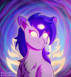 Size: 1296x1403 | Tagged: safe, artist:autumnsfur, derpibooru import, oc, oc only, oc:glitter stone, earth pony, pony, abstract, abstract art, awakening, bust, chest fluff, earth pony oc, eye clipping through hair, eyelashes, female, glowing, glowing eyes, glowing wings, gray coat, grey fur, hair over one eye, long hair, long mane, looking at someone, looking at something, mare, modern art, no mouth, purple hair, purple mane, signature, simple background, solo, third eye, white eyes, wings