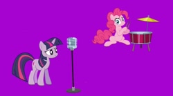 Size: 1080x599 | Tagged: safe, derpibooru import, edit, pinkie pie, twilight sparkle, earth pony, pony, unicorn, drums, microphone, musical instrument, purple background, simple background