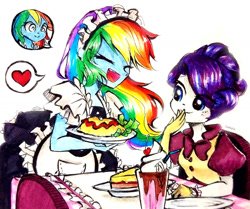 Size: 1280x1069 | Tagged: safe, artist:liaaqila, derpibooru import, rainbow dash, rarity, human, equestria girls, alternate hairstyle, clothes, drink, eyes closed, hypno dash, hypnosis, hypnotized, maid, milkshake, open mouth, open smile, rainbow dash always dresses in style, rainbow maid, smiling, swirly eyes, waitress