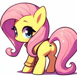 Size: 1024x1024 | Tagged: safe, ai content, derpibooru import, generator:dall-e 3, machine learning generated, fluttershy, pony, anus, butt, chibi, clothes, female, mare, nudity, plot, prompter:nebbie, shirt, simple background, simplistic anus, solo, white background, wingless