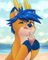 Size: 2400x3000 | Tagged: safe, artist:rivin177, derpibooru import, deer, deer pony, hybrid, original species, beach, bust, cloud, commission, cream, food, hill, holding, hooves, horizon, horn, ice cream, ocean, portrait, raised hoof, raised leg, sand, sky, sparkles, tongue, tongue out, water, ych example, ych result, your character here