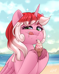 Size: 2400x3000 | Tagged: safe, artist:rivin177, derpibooru import, alicorn, pegasus, unicorn, beach, bust, cloud, commission, cream, food, hill, holding, hooves, horizon, horn, ice cream, ocean, portrait, raised hoof, raised leg, sand, sky, sparkles, tongue, tongue out, water, ych example, ych result, your character here