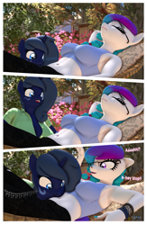 Size: 2005x3067 | Tagged: safe, artist:anthroponiessfm, derpibooru import, oc, oc:aurora starling, oc:midnight music, anthro, earth pony, unicorn, 3d, anthro oc, belly, breasts, comic, duo, duo female, eyes closed, female, glasses, horn, silly, source filmmaker, text, unicorn oc