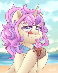 Size: 2400x3000 | Tagged: safe, artist:rivin177, derpibooru import, pony, unicorn, beach, bust, clothes, cloud, commission, cream, food, glasses, hill, holding, hooves, horizon, horn, ice cream, ocean, portrait, raised hoof, raised leg, sand, scarf, sky, sparkles, tongue, tongue out, water, ych example, ych result, your character here
