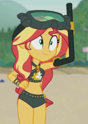 Size: 735x1031 | Tagged: safe, derpibooru import, screencap, sunset shimmer, better together, equestria girls, unsolved selfie mysteries, belly, belly button, bikini, bikini babe, black bikini, clothes, cropped, leather, snorkel, sunset shimmer swimsuit, sunset shimmer's beach shorts swimsuit, swimsuit