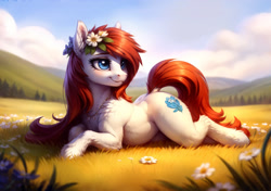 Size: 2176x1536 | Tagged: safe, ai content, derpibooru import, machine learning generated, earth pony, pony, chest fluff, female, flower, flower in hair, head turn, looking back, looking to side, looking to the right, lying down, lying on the ground, mare, mountain, outdoors, prompter:aiponyanon, prone, scenery, smiling, solo