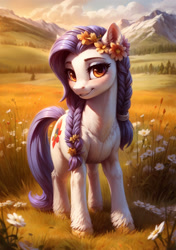 Size: 1536x2176 | Tagged: safe, ai content, derpibooru import, machine learning generated, oc, oc only, earth pony, pony, braid, chest fluff, female, flower, flower in hair, looking at you, mare, meadow, mountain, outdoors, prompter:aiponyanon, scenery, smiling, smiling at you, solo