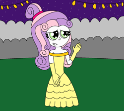 Size: 1226x1096 | Tagged: safe, artist:alonso1711, derpibooru import, sweetie belle, human, equestria girls, alternate hairstyle, beauty and the beast, belle, clothes, dress, evening gloves, female, gloves, gown, grin, lights, long gloves, namesake, night, pun, shy, shy smile, smiling, solo, solo female, starry night, visual pun, waving