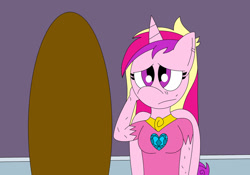 Size: 1280x894 | Tagged: safe, artist:alonso1711, derpibooru import, princess cadance, anthro, a canterlot wedding, breasts, bruised, clothes, dirty, female, mirror, princess cansdance, sad, solo, solo female, torn clothes