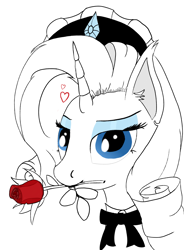 Size: 3453x4704 | Tagged: safe, artist:raritymylove, derpibooru import, rarity, bedroom eyes, clothes, cutie mark accessory, flower, heart, looking at you, maid, mouth hold, rose, solo