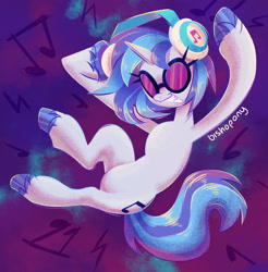 Size: 2129x2166 | Tagged: safe, alternate version, artist:bishopony, derpibooru import, dj pon-3, vinyl scratch, pony, unicorn, abstract background, belly, female, grin, headphones, high res, mare, music notes, signature, smiling, solo, unshorn fetlocks