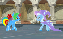 Size: 1920x1200 | Tagged: safe, artist:puzzlshield2, derpibooru import, trixie, oc, oc:puzzle shield, alicorn, pony, 3d, alicorn oc, cape, clothes, duel, fight, hat, horn, magic, mlp fim's thirteenth anniversary, mmd, remake, the legend of zelda, trixie's cape, trixie's hat, wings