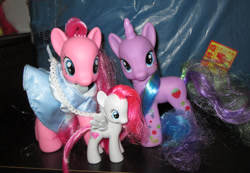 Size: 600x414 | Tagged: safe, derpibooru import, holly dash, pinkie pie, earth pony, pegasus, pony, unicorn, bootleg, diamond rose, female, mare, photo, styling size, toy, trio