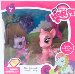 Size: 411x405 | Tagged: safe, derpibooru import, rainbow dash (g3), earth pony, pegasus, pony, unicorn, g3, g3.5, ages 3+, bootleg, choker, choking hazard, comb, female, makeup, mare, my little horse, photo, toy