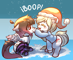 Size: 2300x1900 | Tagged: safe, artist:srporpoise, derpibooru import, oc, oc only, oc:arwencuack, oc:chuckles, earth pony, pegasus, pony, adorable face, boop, christmas, clothes, cute, hat, heart, heart eyes, holiday, santa hat, snow, snowfall, socks, striped socks, wingding eyes