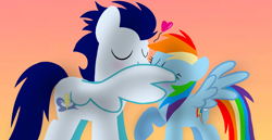 Size: 1980x1020 | Tagged: safe, artist:mlplary6, derpibooru import, rainbow dash, soarin', pegasus, pony, boyfriend and girlfriend, eyes closed, female, kiss on the lips, kissing, male, mare, shipping, soarindash, stallion, straight, sunset