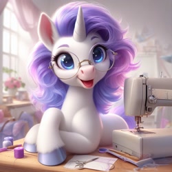 Size: 1024x1024 | Tagged: safe, ai content, machine learning generated, rarity, pony, unicorn, alternate hairstyle, bing, carousel boutique, ear fluff, ears, female, fluffy, glasses, happy, looking at you, mare, messy mane, open mouth, open smile, sewing machine, smiling, smiling at you, solo, unshorn fetlocks