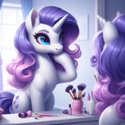 Size: 1024x1024 | Tagged: safe, ai content, machine learning generated, rarity, pony, unicorn, alternate cutie mark, bing, brush, female, hoof on chin, looking at self, makeup, mare, mirror, solo