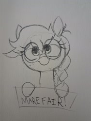 Size: 1536x2048 | Tagged: safe, artist:whydomenhavenipples, oc, oc only, earth pony, pony, female, freckles, glasses, grayscale, looking at you, mare, mare fair, monochrome, pencil drawing, round glasses, smiling, smiling at you, solo, traditional art