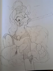 Size: 1536x2048 | Tagged: safe, artist:whydomenhavenipples, oc, oc:nordpone, earth pony, gnome, pony, troll, angry, cape, clothing, female, gritted teeth, mare, mouth hold, sword, traditional art, weapon