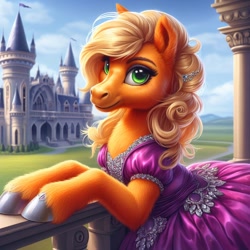 Size: 1024x1024 | Tagged: safe, ai content, machine learning generated, applejack, earth pony, pony, alternate hairstyle, applejack also dresses in style, bing, castle, clothes, dress, female, looking at you, mare, missing accessory, purple dress, semi-realistic, solo, unshorn fetlocks