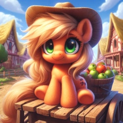 Size: 1024x1024 | Tagged: safe, ai content, machine learning generated, applejack, earth pony, pony, apple, apple cart, applejack's hat, bing, clothes, female, filly, filly applejack, fluffy, foal, hat, looking at you, ponyville, sitting, smiling, smiling at you, solo, younger