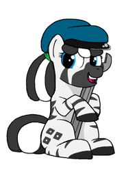 Size: 652x884 | Tagged: safe, artist:phoneypony, derpibooru import, oc, oc only, oc:carjack, zebra, female, hat, open mouth, open smile, simple background, smiling, solo, tail, white background, wrench, zebra oc