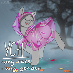 Size: 2000x2000 | Tagged: safe, artist:erein, derpibooru import, pony, advertisement, any gender, any race, auction, auction open, autumn, commission, ears up, leaves, puddle, rain, raincoat, smiling, solo, wet, ych sketch, your character here