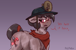 Size: 2459x1633 | Tagged: safe, artist:reddthebat, derpibooru import, oc, oc only, oc:number nine, earth pony, pony, bandana, blushing, chest fluff, dialogue, ears, female, floppy ears, frown, gradient background, headlamp, helmet, mare, mining helmet, signature, solo, sweat