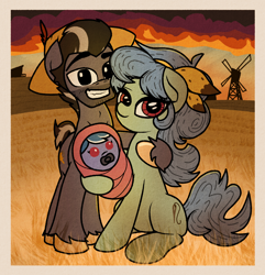 Size: 1458x1511 | Tagged: safe, artist:yamston, derpibooru import, oc, oc only, oc:doremi, oc:little fawn, oc:oat bucket, earth pony, pony, fanfic:living the dream, 2023, baby, family, family photo, fanfic art, female, hairband, hat, male, mare, oc x oc, pink eyes, shipping, smiling, stallion, straight, sunset, trio, two toned mane, windmill