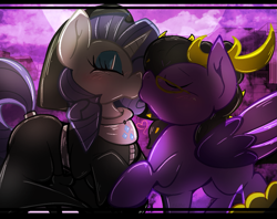 Size: 1281x1015 | Tagged: safe, artist:malachimoet, derpibooru import, rarity, oc, oc:dio, oc:dio devoid, alicorn, pony, unicorn, adorable face, antlers, black and yellow tail, black bars, black hair, black tail, cute, eyes closed, glasses, golden eyes, heart, kissing, male, male oc, nun outfit, nun rarity, outline, purple fur, purple mane, shipping, tail, wings, yellow highlights, yellow tail