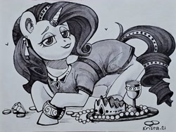 Size: 2048x1543 | Tagged: safe, artist:krista-21, derpibooru import, rarity, pony, unicorn, black and white, bracelet, clothes, crown, dress, ear piercing, earring, female, goblet, grayscale, horn, horn ring, inktober, jewelry, lidded eyes, looking at you, mare, monochrome, necklace, pearl necklace, piercing, regalia, ring, signature, smiling, smiling at you, solo, traditional art