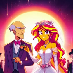 Size: 1024x1024 | Tagged: safe, ai content, derpibooru exclusive, derpibooru import, generator:bing image creator, machine learning generated, sunset shimmer, human, better together, equestria girls, age difference, clothes, crack shipping, crossover, crossover shipping, cursed image, dress, ear piercing, earring, female, flower, flower in hair, jean-luc picard, jewelry, looking at you, male, marriage, not salmon, patrick stewart, piercing, prompter:jrshinkansenhorse, shipping, star trek, star trek: the next generation, straight, sunset, tuxedo, wat, wedding, wedding dress, wrong eye color