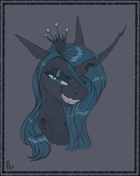 Size: 800x1000 | Tagged: safe, artist:stray prey, derpibooru import, queen chrysalis, changeling, changeling queen, curved horn, fangs, female, horn, lidded eyes, long horn, mare, solo, sternocleidomastoid