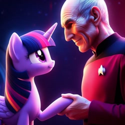 Size: 1024x1024 | Tagged: safe, ai content, derpibooru exclusive, derpibooru import, generator:bing image creator, machine learning generated, twilight sparkle, twilight sparkle (alicorn), alicorn, human, pony, captain picard, crossover, first contact, god damn it discord, handshake, hoofshake, jean-luc picard, looking at each other, looking at someone, prompter:jrshinkansenhorse, space, star trek, star trek: the next generation, starfleet, starfleet uniform, what has discord done