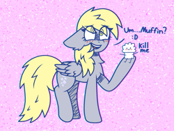 Size: 1600x1200 | Tagged: safe, artist:scarecrowkitty, derpibooru import, derpy hooves, pegasus, pony, asdfmovie, blushing, cross-eyed, eye clipping through hair, female, fluffy, food, mare, mr. muffin, muffin, smiling, solo, talking to viewer