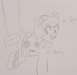 Size: 1756x1700 | Tagged: safe, artist:pony quarantine, derpibooru import, oc, oc only, oc:anon filly, oc:dyx, alicorn, earth pony, pony, dialogue, duo, female, filly, foal, grayscale, monochrome, pencil drawing, traditional art